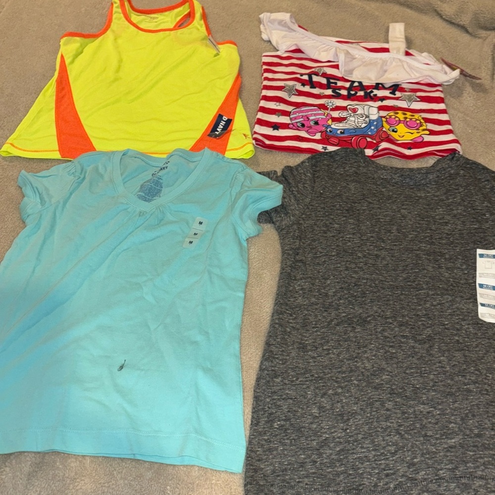 New NWT 4 girls med 8 tops yellow tank shopkins, old navy blue v neck, black top